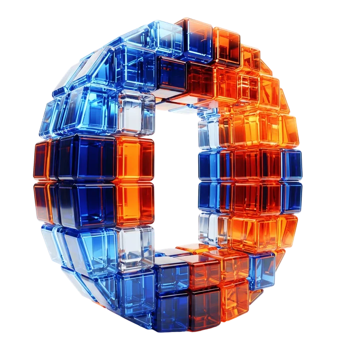 O de Outstanding formada por bloques de cristal azules y naranjas